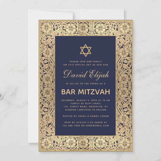 Bar Mitzvah Elegant Navy Blue Gold Rozen Kaart (Voorkant)