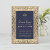 Bar Mitzvah Elegant Navy Blue Gold Rozen Kaart (Staand voorkant)