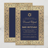 Bar Mitzvah Elegant Navy Blue Gold Rozen Kaart (Voorkant / Achterkant)