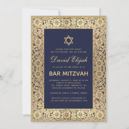 Bar Mitzvah Elegant Navy Blue  Gold Rozen Kaart