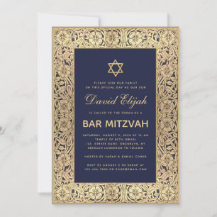 Bar Mitzvah Elegant Navy Blue  Gold Rozen Kaart