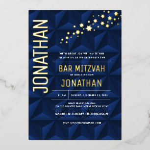Bar Mitzvah Elegant Navy REAL GOLD Foil Invitation Folie Uitnodiging