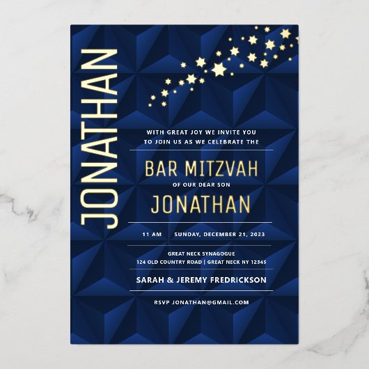 Bar Mitzvah Elegant Navy REAL GOLD Foil Invitation Folie Uitnodiging (Voorkant)