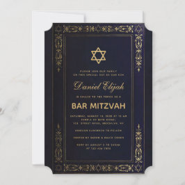 Bar Mitzvah Elegant Navyblauw Gouden Ster Vintage Kaart
