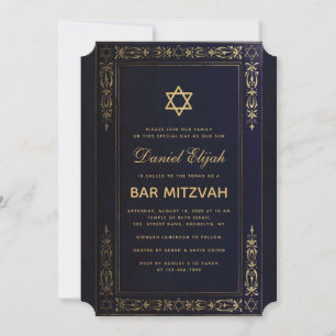 Bar Mitzvah Elegant Navyblauw Gouden Ster Vintage  Kaart