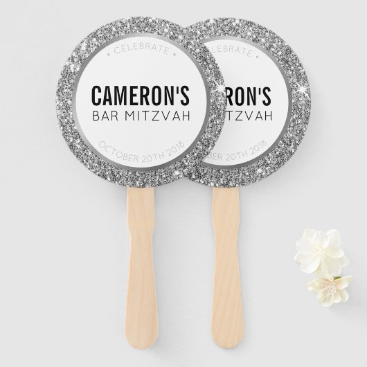 BAR MITZVAH FAN selfie classy glam zilveren glitte Handwaaier (Voorkant en achterkant)