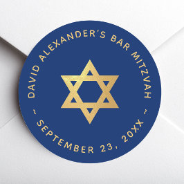Bar Mitzvah Faux Gold Star of David Royal Blue Ronde Sticker
