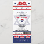 Bar Mitzvah Football Ticket Invitation Kaart<br><div class="desc">Rood en blauw Football Ticket met de ster van David voor uw Bar Mitzvah Uitnodiging. Twee helmen van football voor uw initialen en het centrumSter van David in een vette blauwe kleur. Als u een andere kleurencombinatie of een andere ontwerpveranderingen nodig hebt, kunt u een e-mail sturen naar paula@labellarue.com VOORDAT...</div>