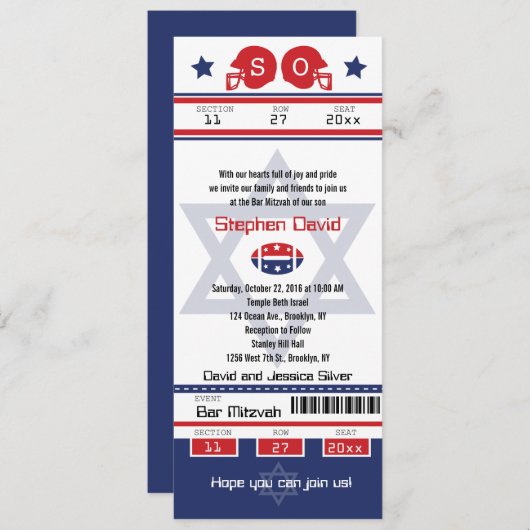 Bar Mitzvah Football Ticket Uitnodiging (Voorkant / Achterkant)