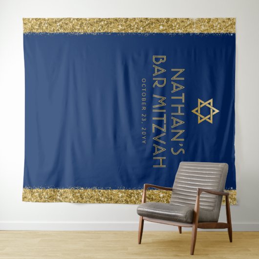 Bar Mitzvah-foto-achtergrond blauw goud Wandkleed (In Situ (horizontaal))