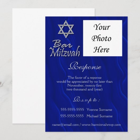 Bar mitzvah foto blue Silver RESPONSE Kaart (Voorkant / Achterkant)