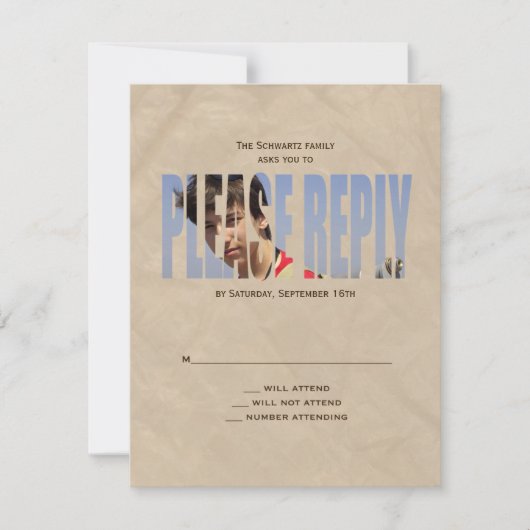 Bar Mitzvah Foto RSVP Reply Card in Tan (Voorkant)