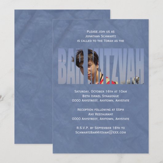 Bar Mitzvah Foto Uitnodiging in Blauw (Voorkant / Achterkant)