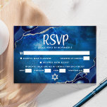 Bar Mitzvah Galaxy Blue Agaat Waterverf Script RSVP Kaartje<br><div class="desc">Wees trots, verheug je en vier deze mijlpaal van je favoriete Bar Mitzvah met deze coole, unieke, moderne, gepersonaliseerde RSVP-insteekkaart voor je evenement! White script typografie en Star of David overlay een diepblauwe galaxy waterverf achtergrond met marineblauw agaat geaccentueerd met faux zilveren aderen. Personaliseer de aangepaste tekst met de "antwoorddatum"...</div>