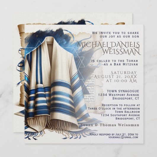 Bar Mitzvah Gebedsjaal Scroll Kaart (Voorkant / Achterkant)