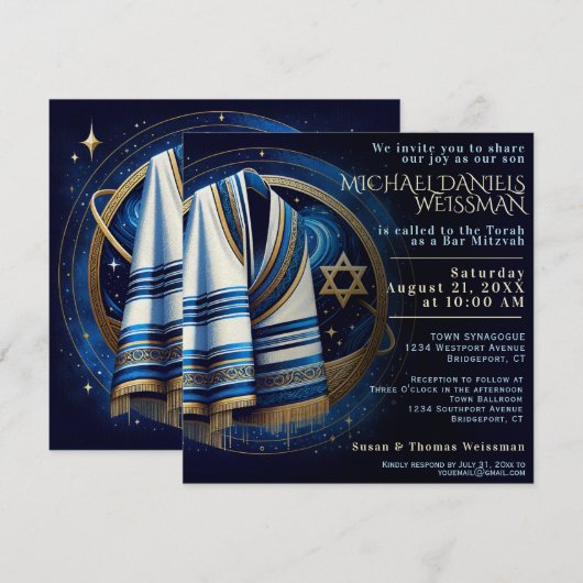 Bar Mitzvah Gebedsjaal Sterren Uitnodiging (Voorkant / Achterkant)