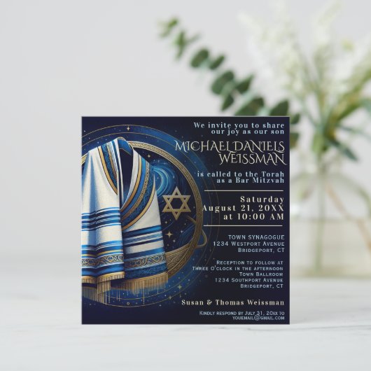 Bar Mitzvah Gebedsjaal Sterren Uitnodiging (Staand voorkant)