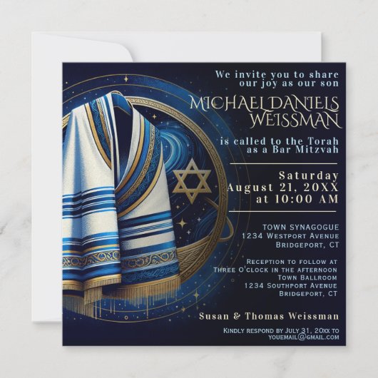 Bar Mitzvah Gebedsjaal Sterren Uitnodiging (Voorkant)