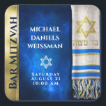 Bar Mitzvah Gebedsjaal Vierkante Sticker<br><div class="desc">Pas deze gouden en blauwe Bar Mitzvah aan met een gebedsjaal en Star of David design.</div>