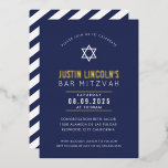 BAR MITZVAH gewone ster modern minimaal marineblau Folie Uitnodiging<br><div class="desc">door kat massard Modern uitnodiging met 'glanzend goudfolie' voor de MITZVAH viering van je kind. Eenvoudig de sjabloon zelf per e-mail bij te werken voor overeenkomende objecten en alternatieve kleurenschema's - kat@simplysweetpaperie.com</div>