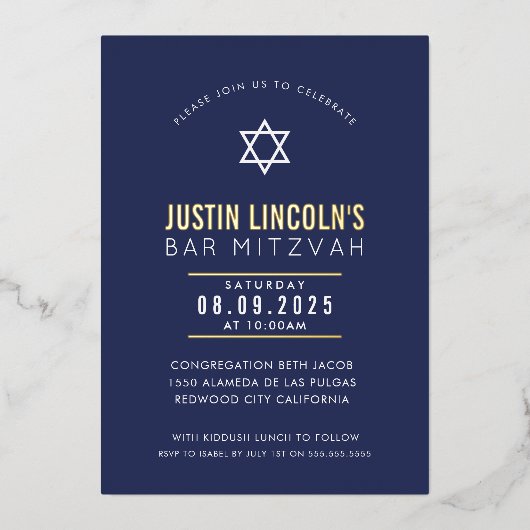 BAR MITZVAH gewone ster modern minimaal marineblau Folie Uitnodiging (Voorkant)