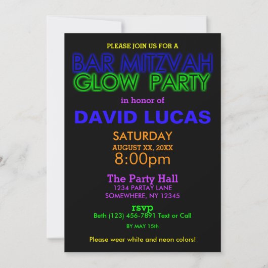 Bar Mitzvah GLOW PARTY Verjaardagsuitnodiging Kaart (Achterkant)