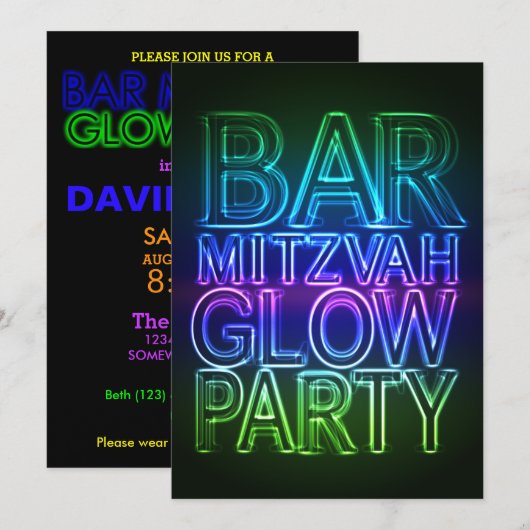 Bar Mitzvah GLOW PARTY Verjaardagsuitnodiging Kaart (Voorkant / Achterkant)