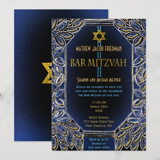 Bar Mitzvah Gold en Blue Kaart (Voorkant / Achterkant)