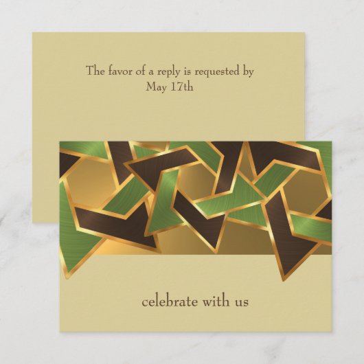 Bar Mitzvah Gold Green Brown Star van David RSVP Kaartje (Voorkant / Achterkant)