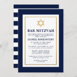 Bar Mitzvah Goud Blauw en Wit Gestreept Kaart<br><div class="desc">Bar Mitzvah Blauw Wit Goud Invitation Kaart - Gouden Ster,  Gestreept Terug</div>