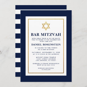 Bar Mitzvah Goud Blauw en Wit Gestreept Kaart