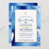 BAR MITZVAH gouden ster blauwe aquarel uitnodiging (Voorkant / Achterkant)