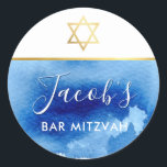 BAR MITZVAH gouden ster smart blue waterverf uitno Ronde Sticker<br><div class="desc">door kat massard >> WWW.SIMPLYSWEETPAPERIE.COM <<<<</div>