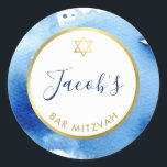 BAR MITZVAH gouden ster smart donkerblauwe waterve Ronde Sticker<br><div class="desc">door kat massard >> WWW.SIMPLYSWEETPAPERIE.COM <<<<</div>