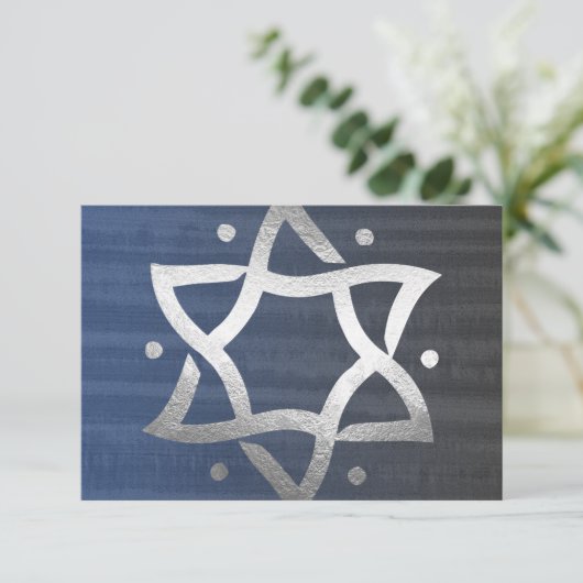 Bar Mitzvah Gray en Blue Wooden Silver Star RSVP (Staand voorkant)