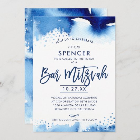 BAR MITZVAH hand-briefings blauw waterverf hebrew Kaart (Voorkant / Achterkant)