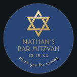 Bar Mitzvah Hartelijk dank voor uw marineblauw-gou Ronde Sticker<br><div class="desc">Elegant modern blauw en gouden klassieke bar mitzvah "dank u" gepersonaliseerde stickers met een aangepaste naam,  datum en ster van David.</div>
