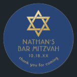 Bar Mitzvah Hartelijk dank voor uw marineblauw-gou Ronde Sticker<br><div class="desc">Elegant modern blauw en gouden klassieke bar mitzvah "dank u" gepersonaliseerde stickers met een aangepaste naam,  datum en ster van David.</div>