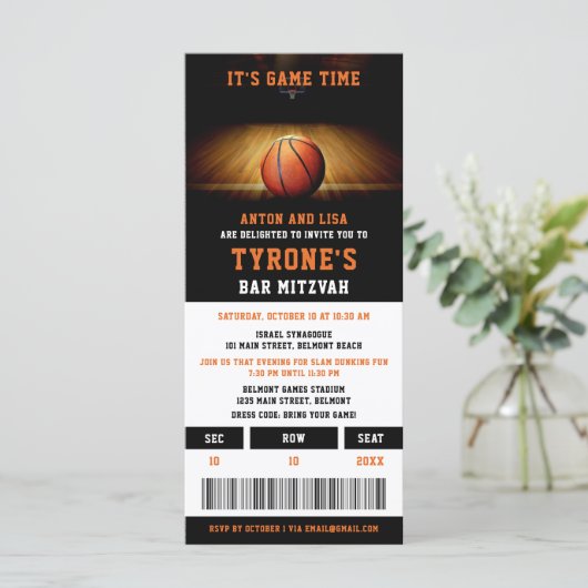 Bar Mitzvah Invitaties | Basketball Ticket (Staand voorkant)