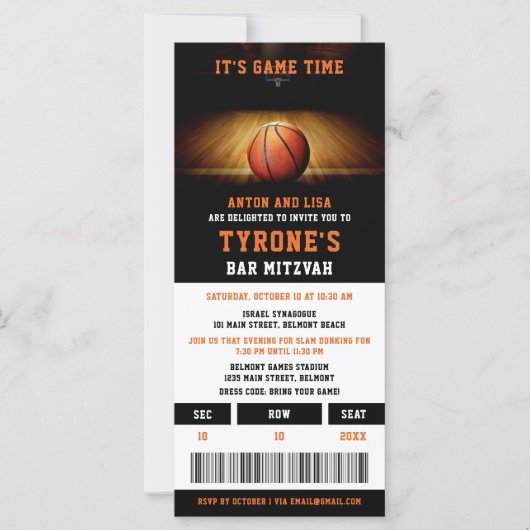 Bar Mitzvah Invitaties | Basketball Ticket (Voorkant)