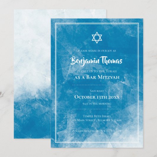 Bar Mitzvah Invitaties | Blauw Ombre Kaart (Voorkant / Achterkant)