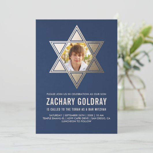 Bar Mitzvah Invitaties | Faux Gold Foil Star Kaart (Staand voorkant)