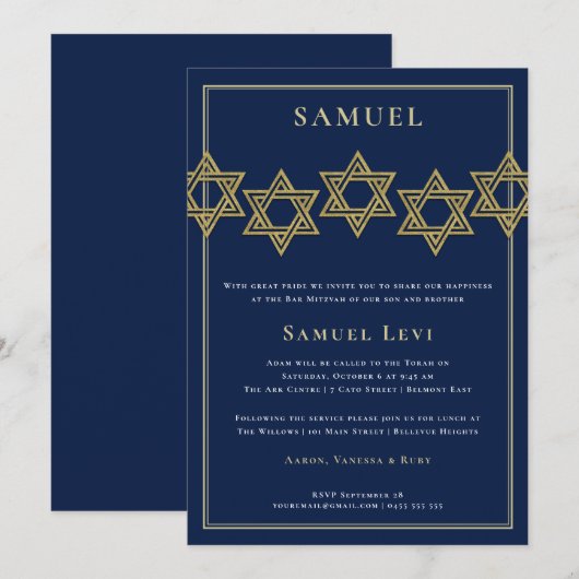 Bar Mitzvah Invitaties | Gold Star van David Kaart (Voorkant / Achterkant)