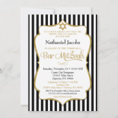 Bar Mitzvah Invitation Black Gold Elegant Stripe Kaart (Voorkant)