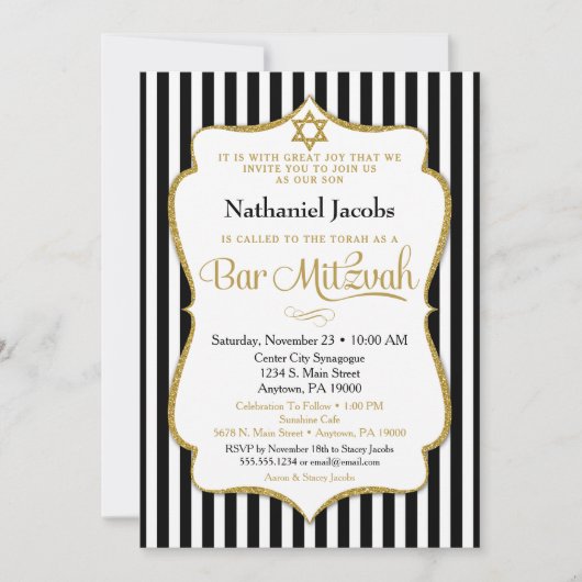 Bar Mitzvah Invitation Black Gold Elegant Stripe Kaart (Voorkant)