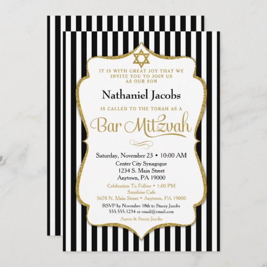 Bar Mitzvah Invitation Black Gold Elegant Stripe Kaart (Voorkant / Achterkant)