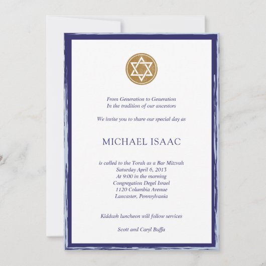 Bar Mitzvah Invitation blue en Gold star Kaart (Voorkant)