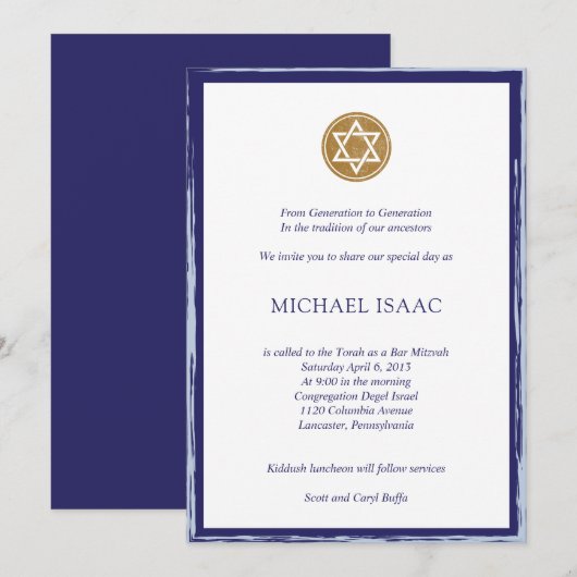 Bar Mitzvah Invitation blue en Gold star Kaart (Voorkant / Achterkant)