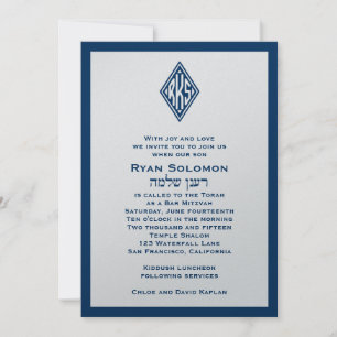 Bar Mitzvah Invitation Monogram Hebreeuws Blue Ste Kaart