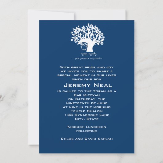 Bar Mitzvah Invitation Navy Tree of Life Kaart (Voorkant)